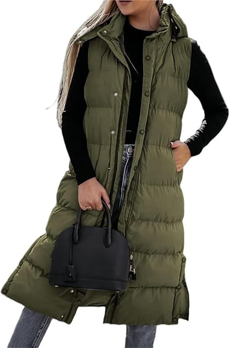 Women's Long Puffer Vest | Quilted Hood & Button Closure ❄️