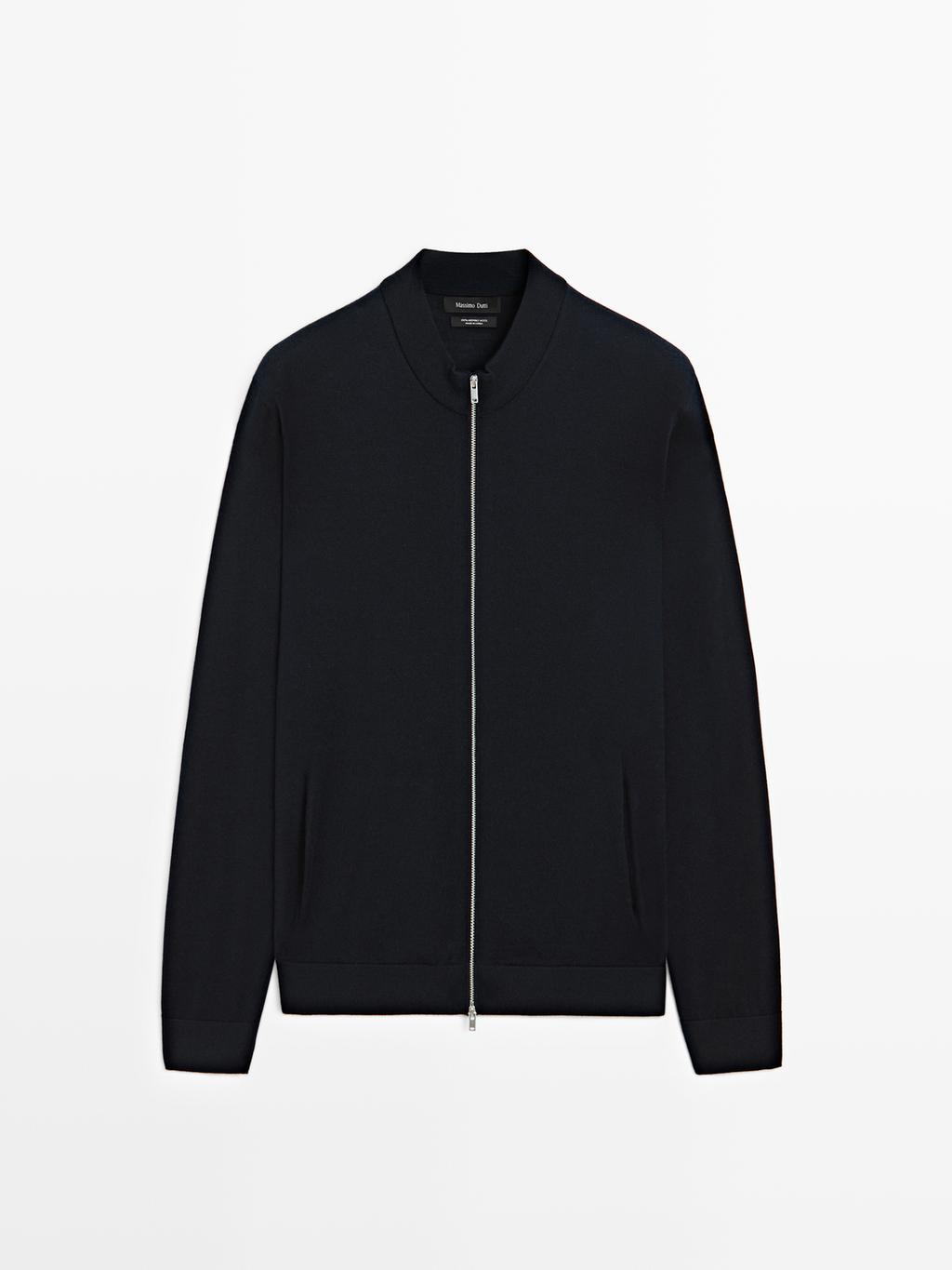 100% merino wool zip-up knit cardigan