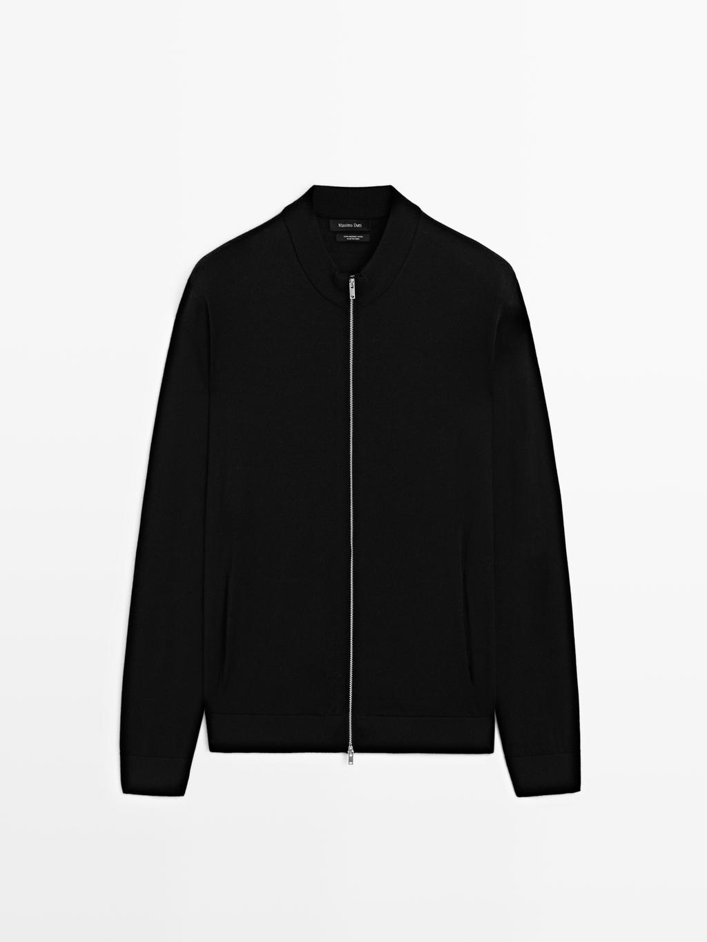 100% merino wool zip-up knit cardigan