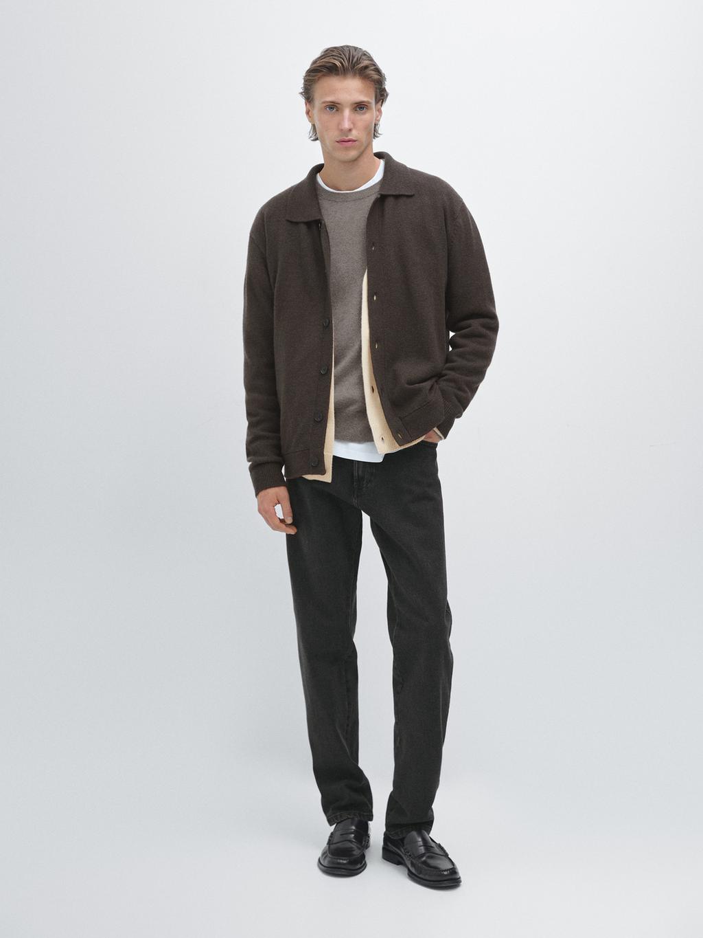 100% wool knit cardigan with polo collar