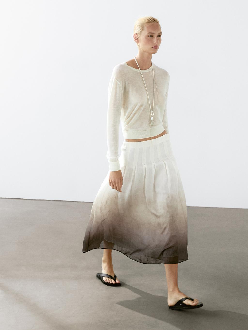 Ombre print box pleat midi skirt