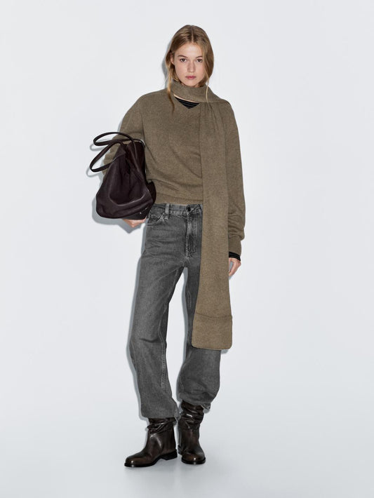 100% wool knit sweater with scarf and pocket