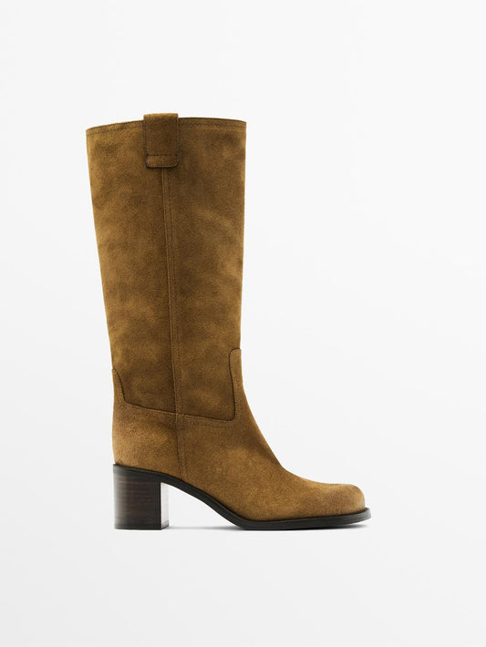 Brushed split leather heeled boots