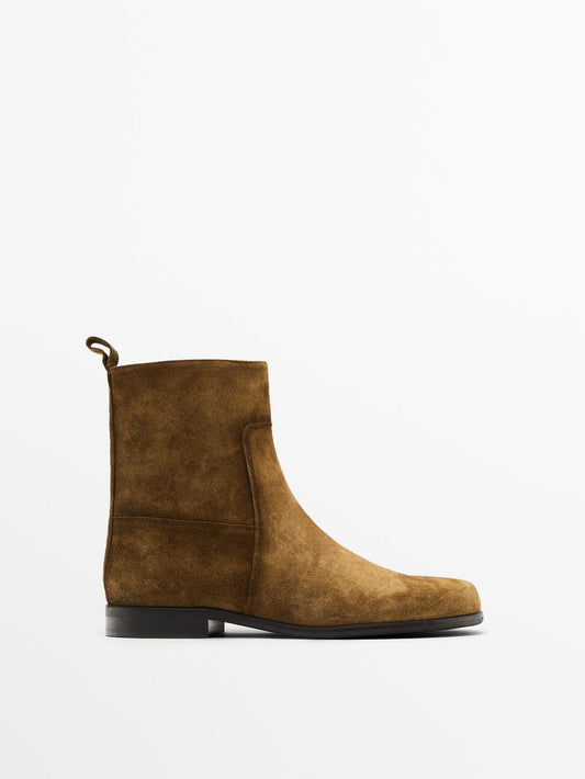 Brushed split leather ankle boots